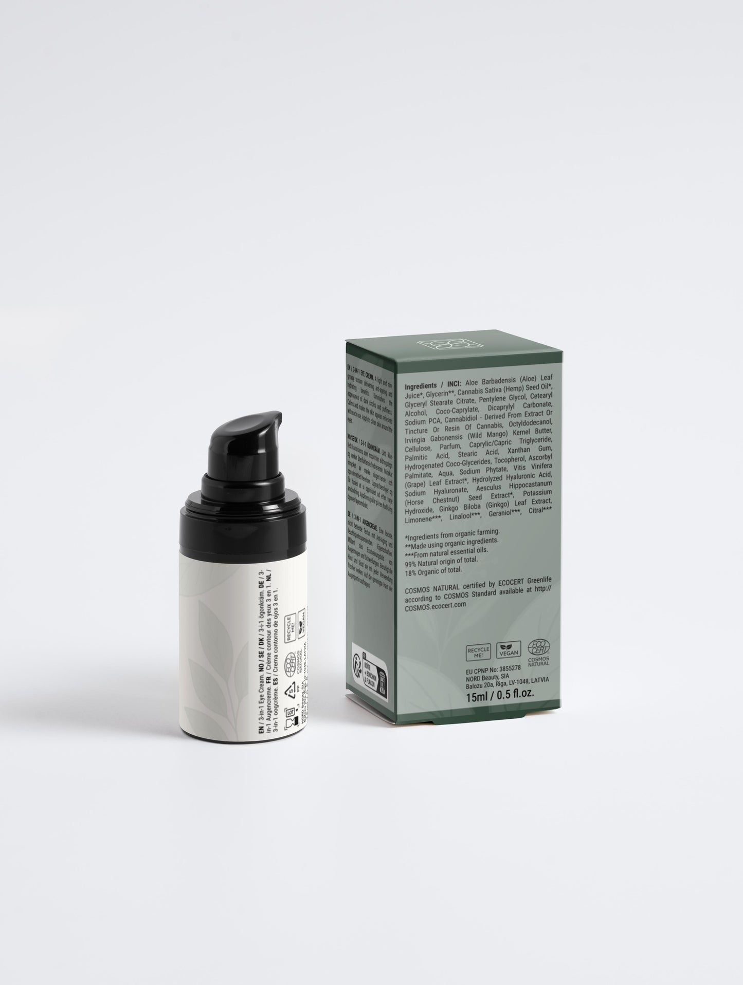 3-in-1 Bio Augencreme mit Hyaluron, Aloe Vera & CBD: Verpackung Rückseite