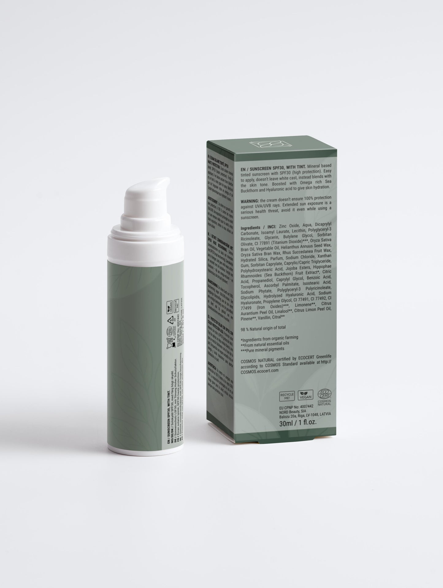 Mineralische Naturkosmetik Sonnencreme fürs Gesicht LSF 30 mit Tönung Verpackung Rückseite