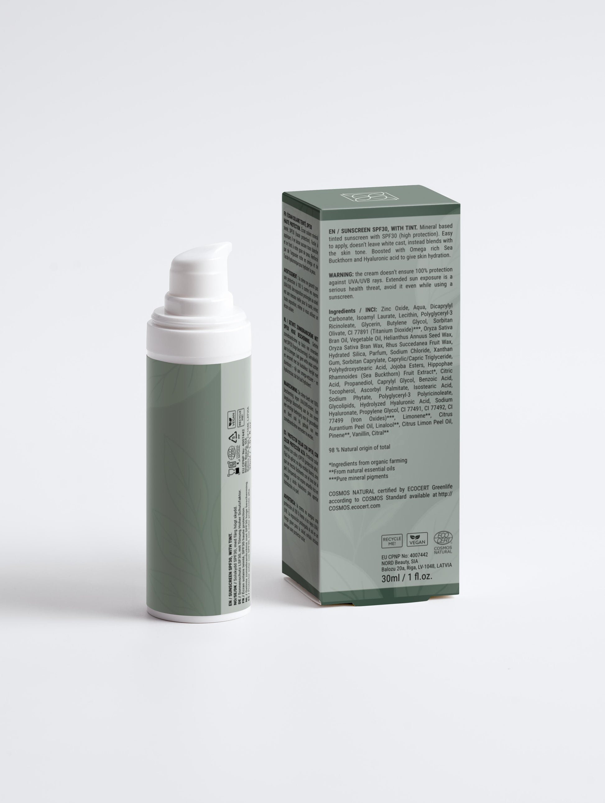 Mineralische Naturkosmetik Sonnencreme fürs Gesicht LSF 30 mit Tönung Verpackung Rückseite