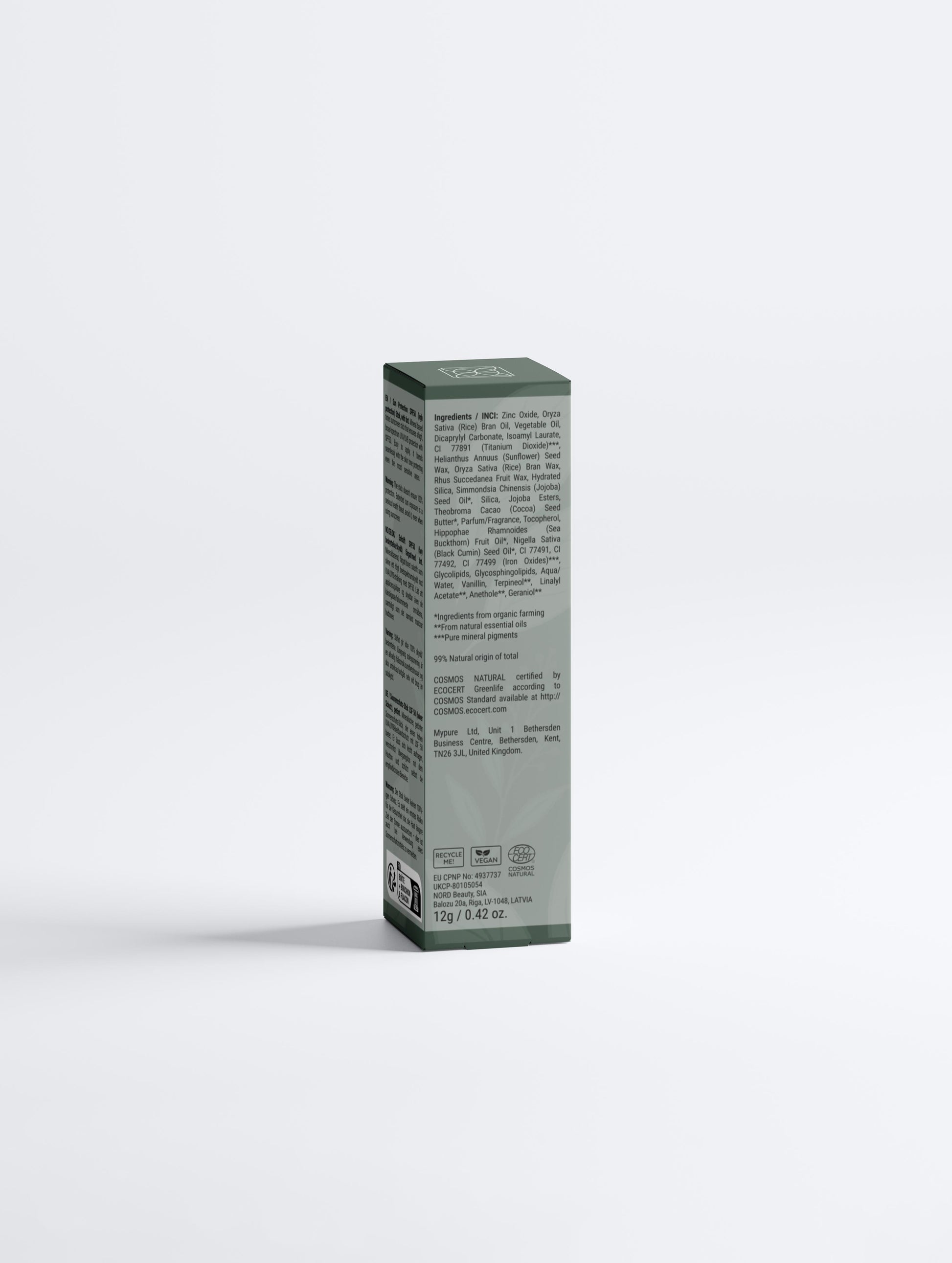 Mineralischer Gesichts-Sonnenstick LSF 50 mit Tönung Verpackung Rückseite