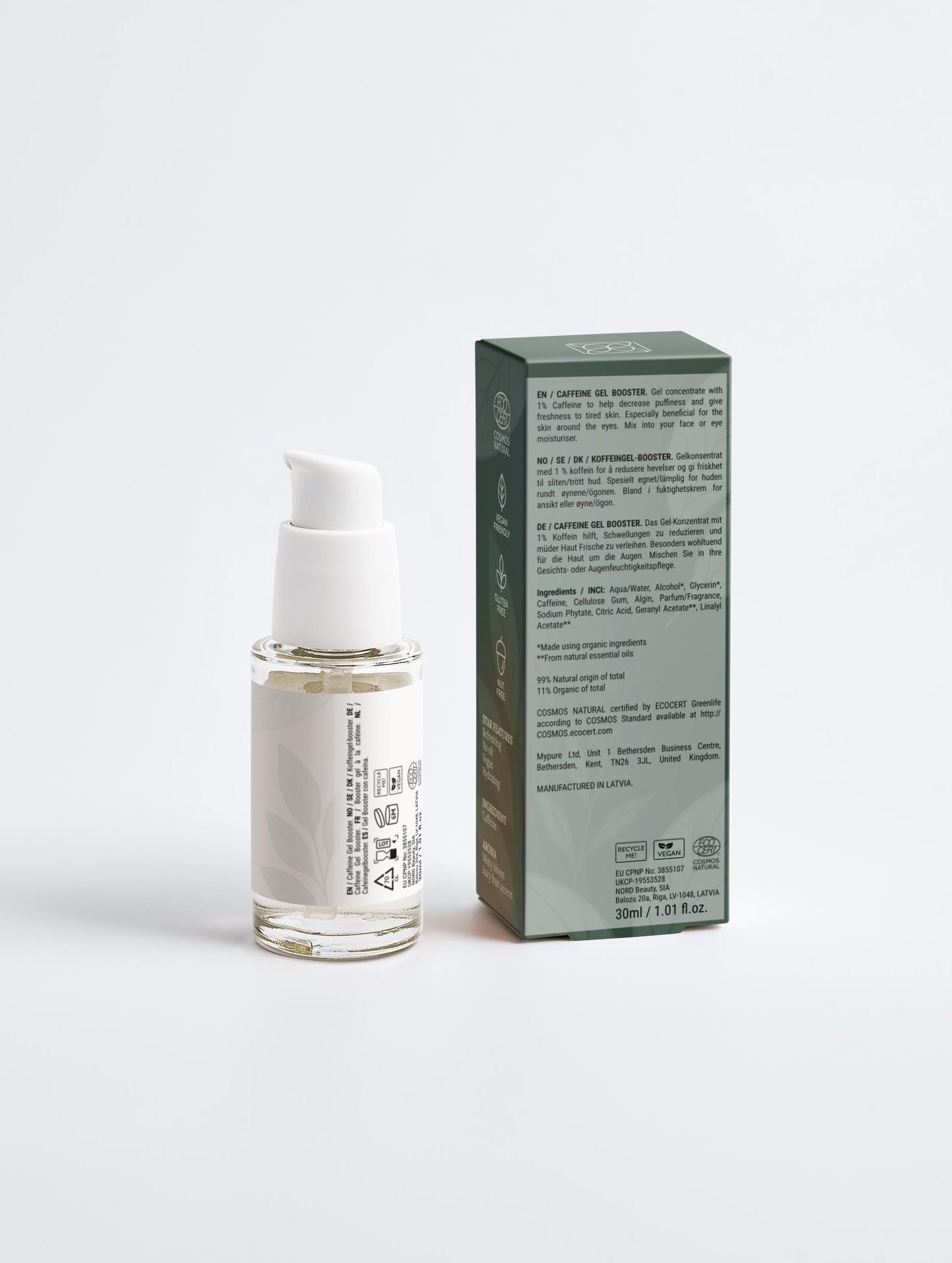 Ölfreier Gesichts-Booster mit Koffein für wache Haut 30ml Verpackung Rückseite