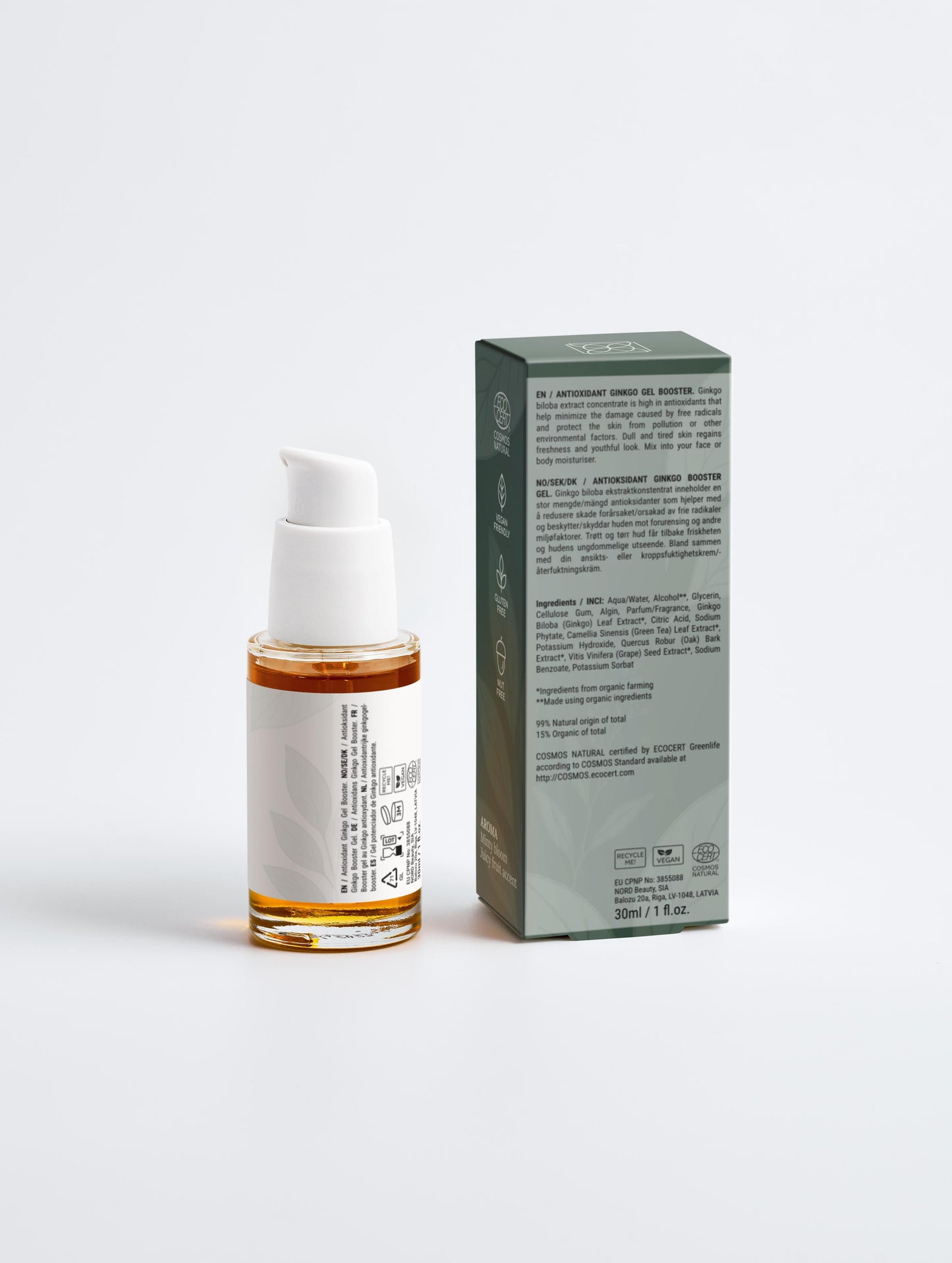 Ölfreies Ginkgo Gesichts-Booster Gel mit Antioxidantien 30ml Verpackung Rückseite